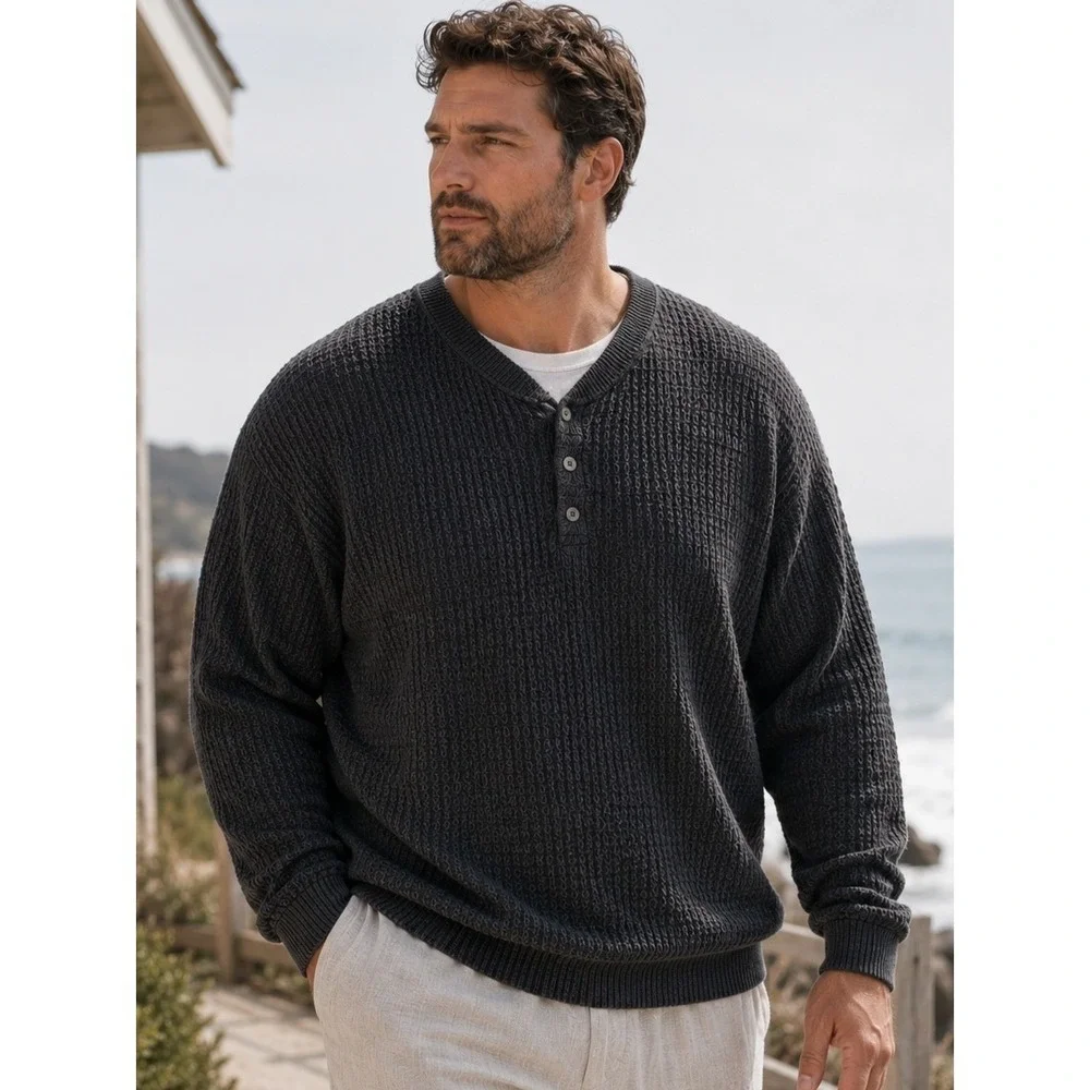 VTG Bill Blass Chunky Waffle Knit Henley Sweater Men 2X Gray Dad Grandpacore 90s
